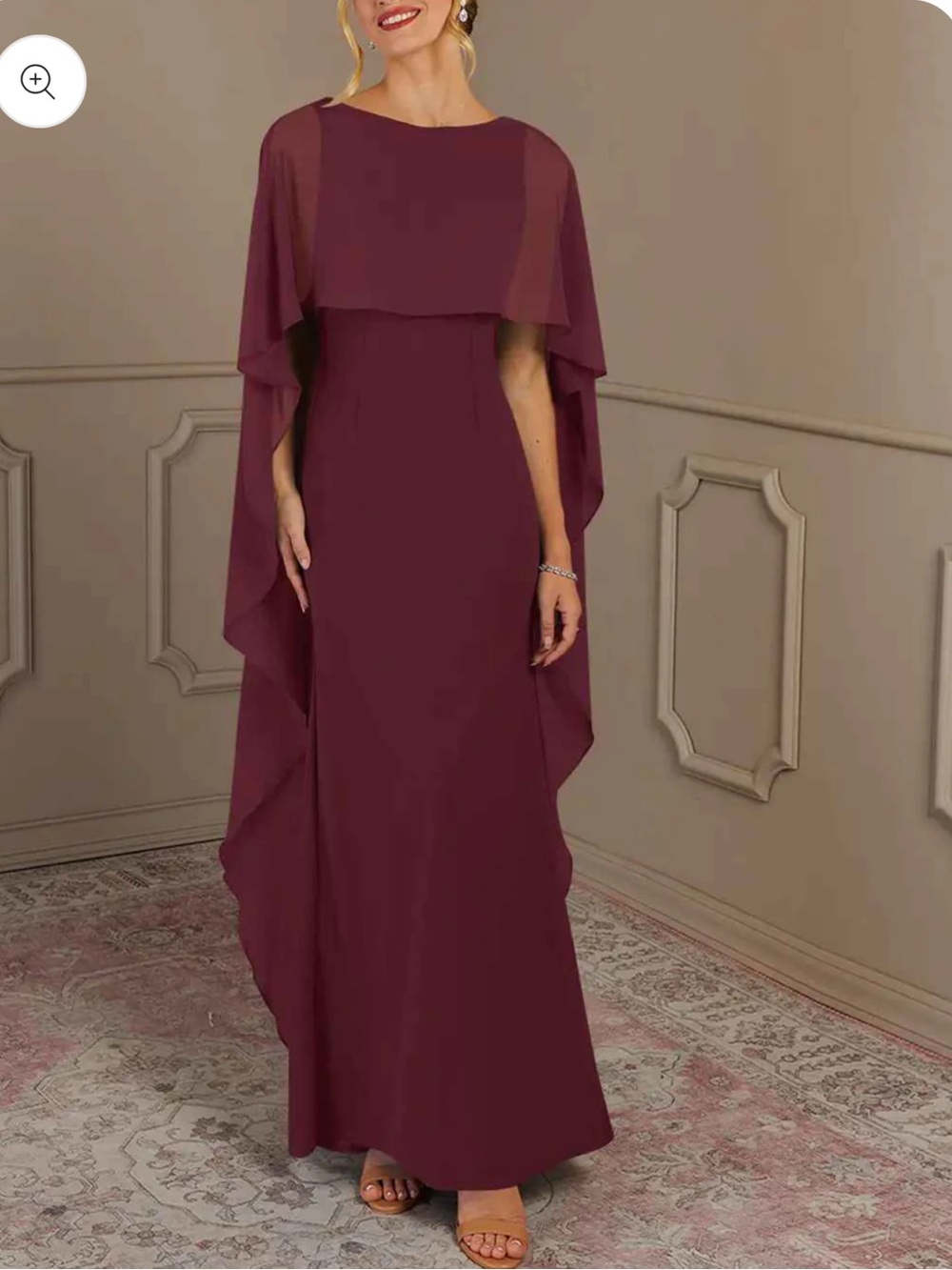 Burgundy Cape-Detail Evening Gown